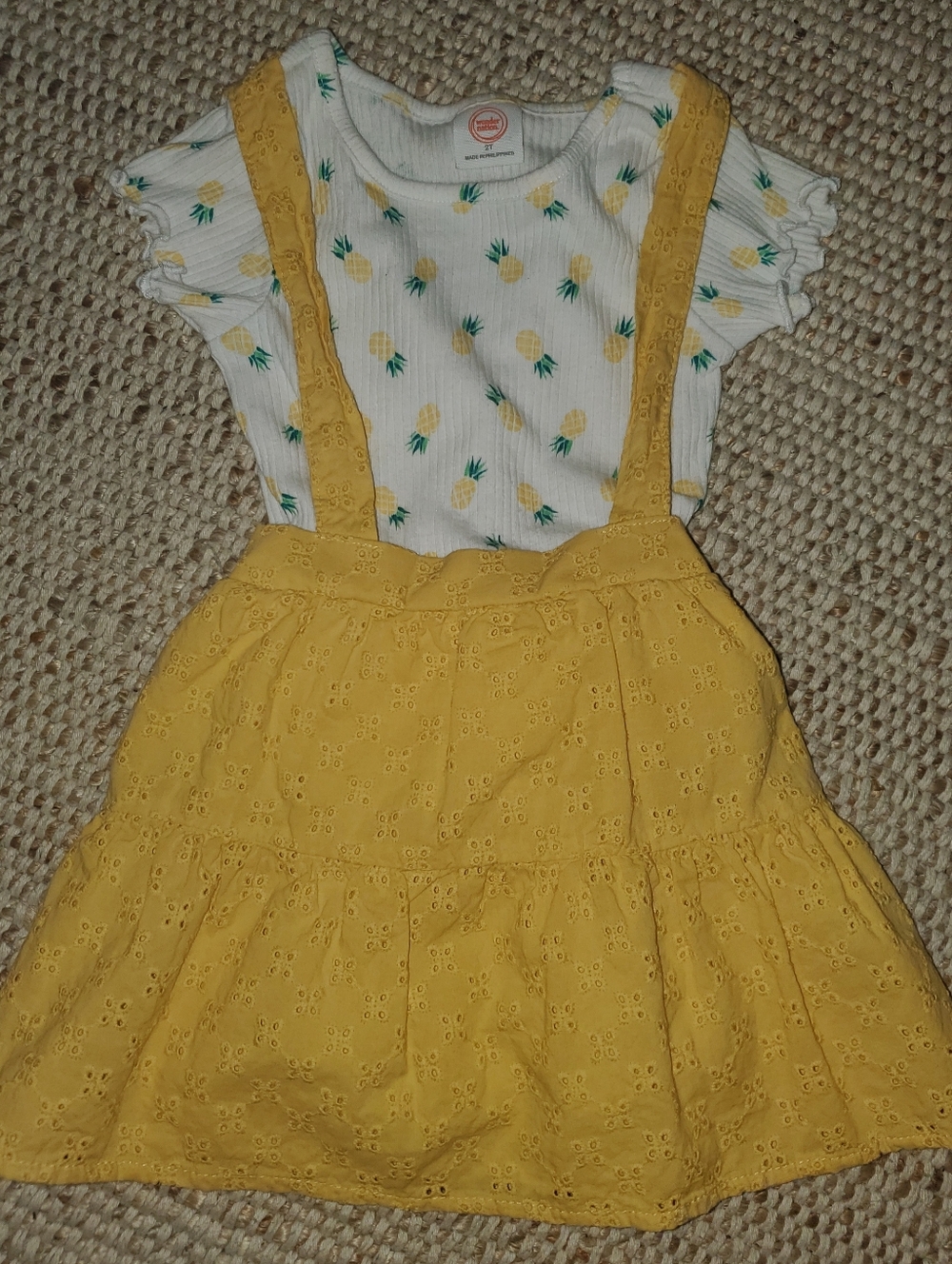 2T White Pineapple Print Tee with Yellow Eyelet Suspender Skirt
